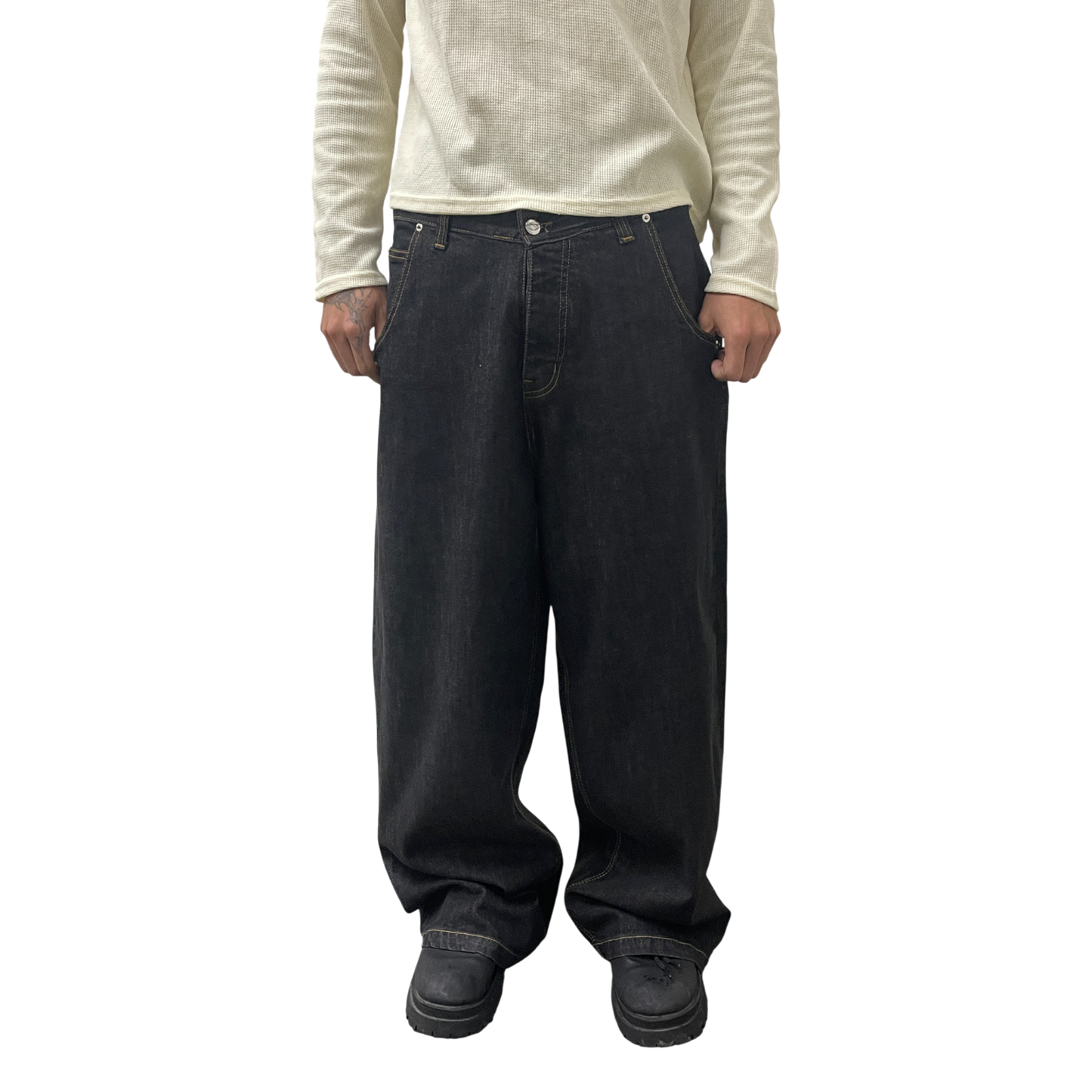 WIDE LEG SELVEDGE, DARK INDIGO/GREEN STITCH