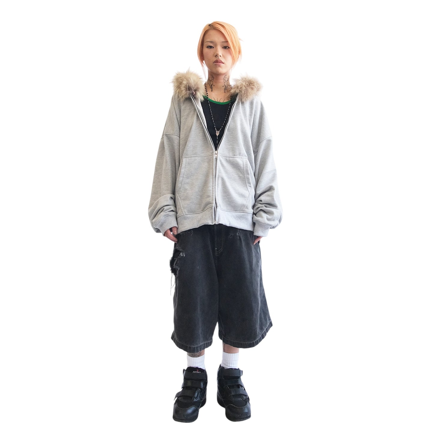 FUR HOODIE, HEATHER GRAY/BROWN