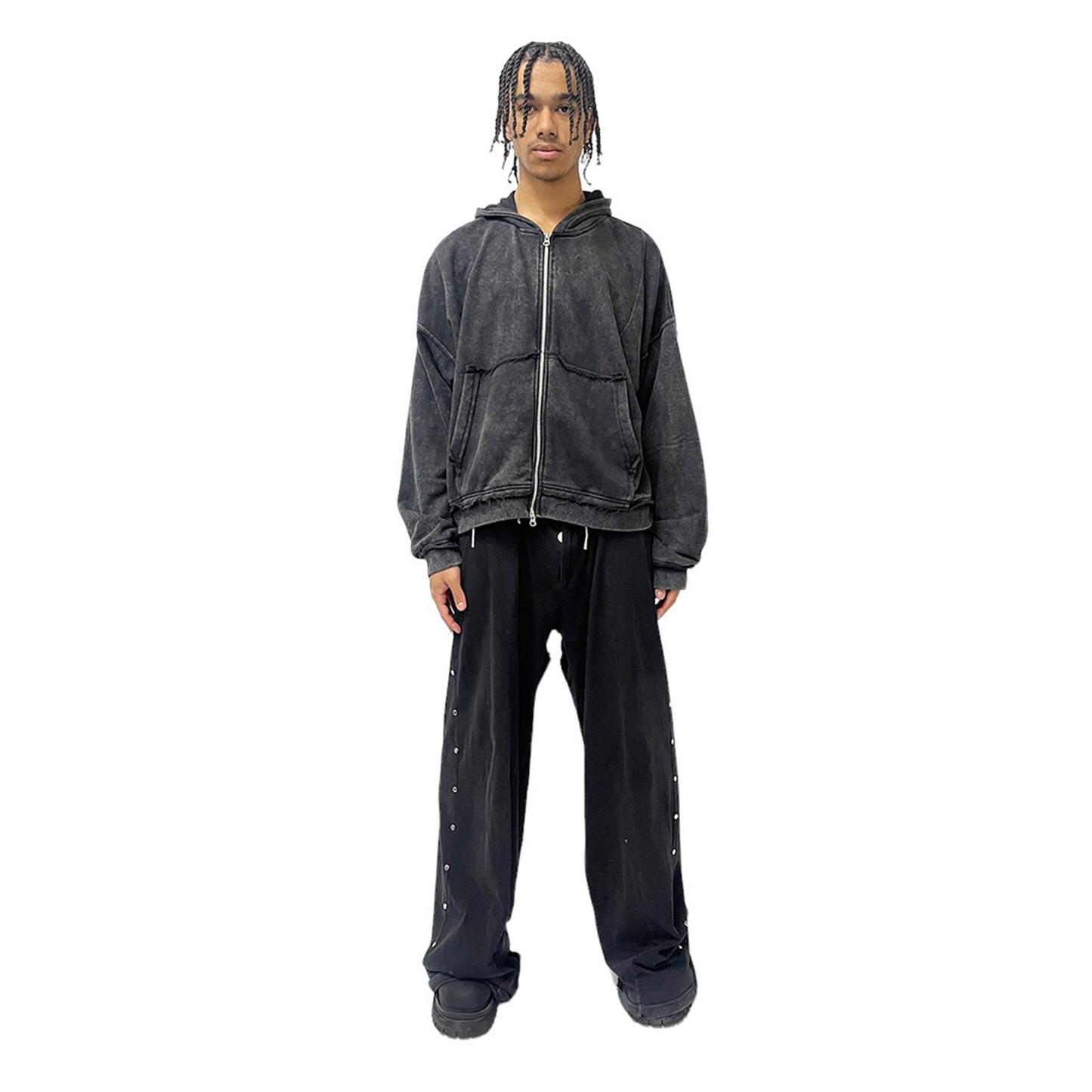 ZIP MIDWEIGHT HOODIE, BLACK VINTAGE WASH