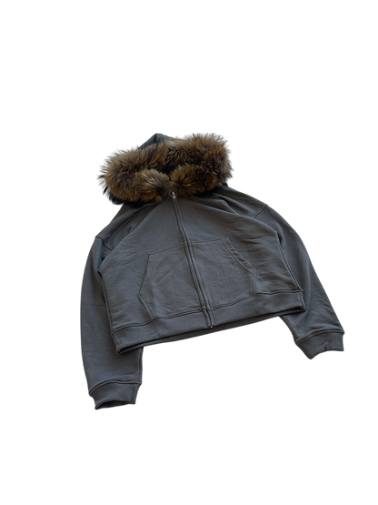 FUR HOODIE, CHARCOAL/BROWN