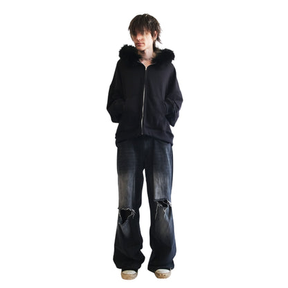 FUR HOODIE, BLACK/BLACK