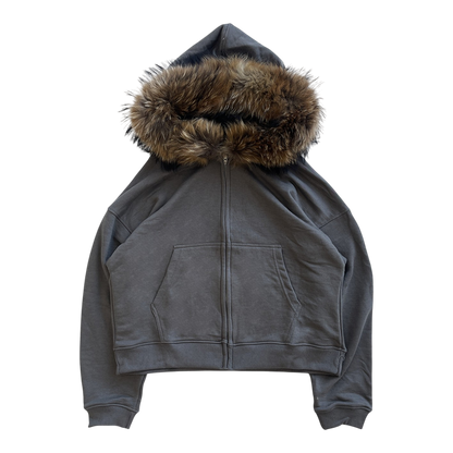 FUR HOODIE, CHARCOAL/BROWN