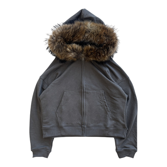 FUR HOODIE, CHARCOAL/BROWN