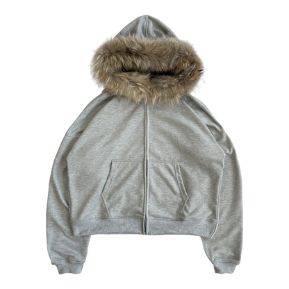 FUR HOODIE, HEATHER GRAY/BROWN