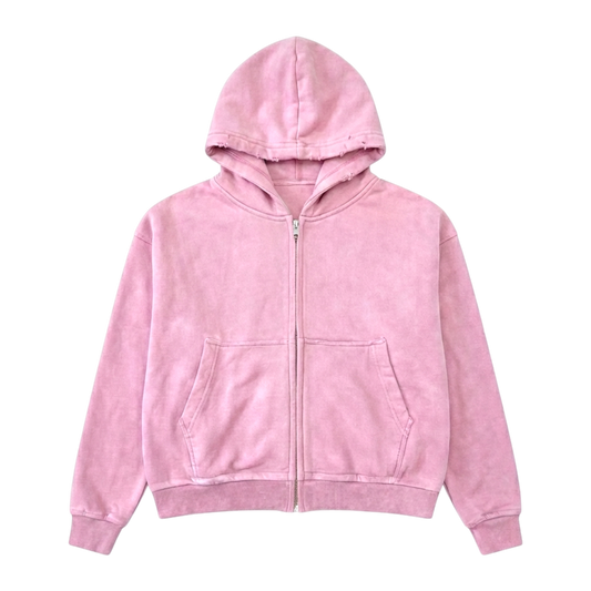 MIDWEIGHT ZIP-UP HOODIE, PINK, DISTRESSED